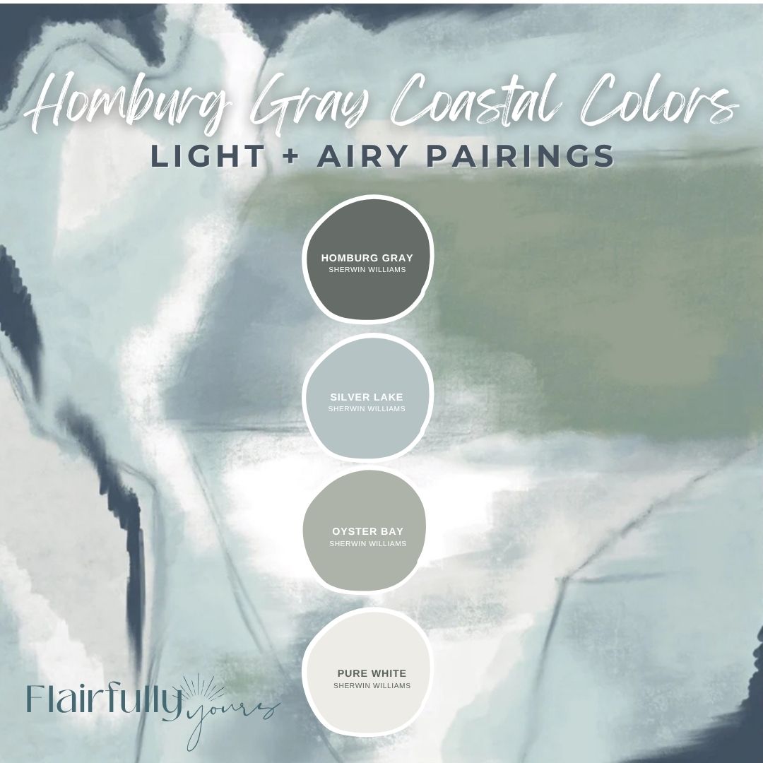 Light and airy coastal color palette with Sherwin Williams Homburg Gray, Silver Lake, Oyster Bay, and Pure White for calm, serene interiors.