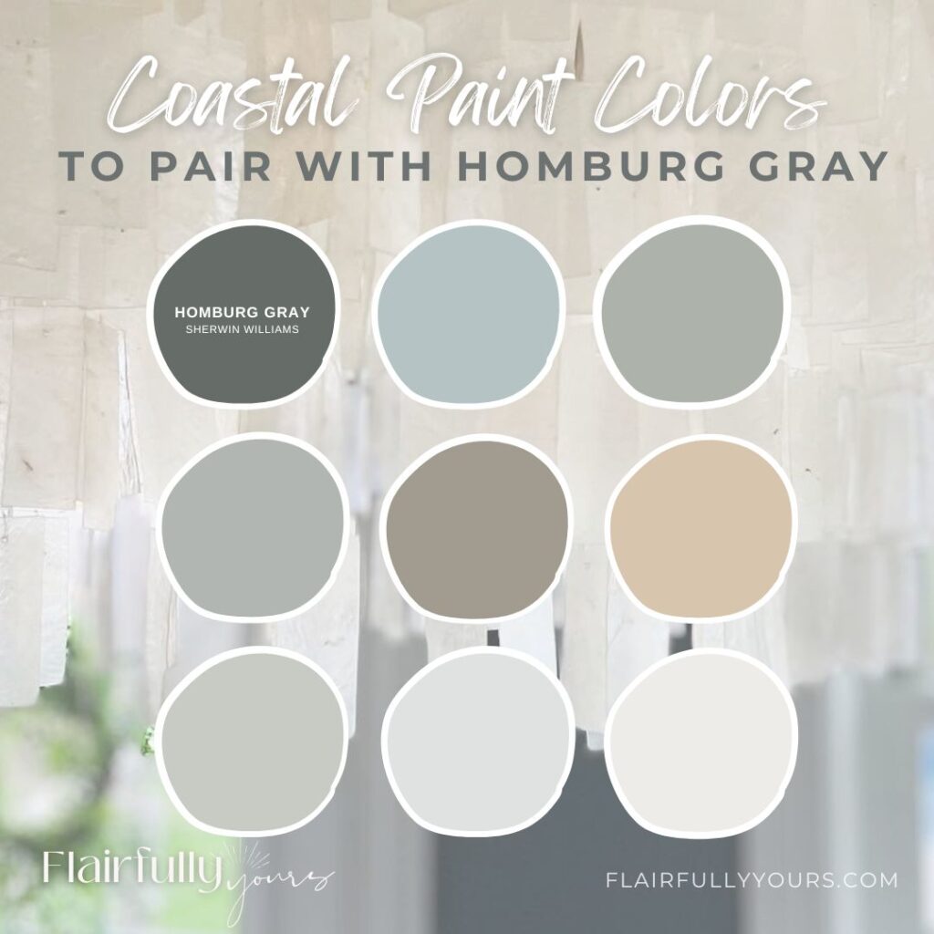 Coastal paint color swatches to pair with Homburg Gray, including soft blues, warm neutrals, and crisp whites by Sherwin Williams.