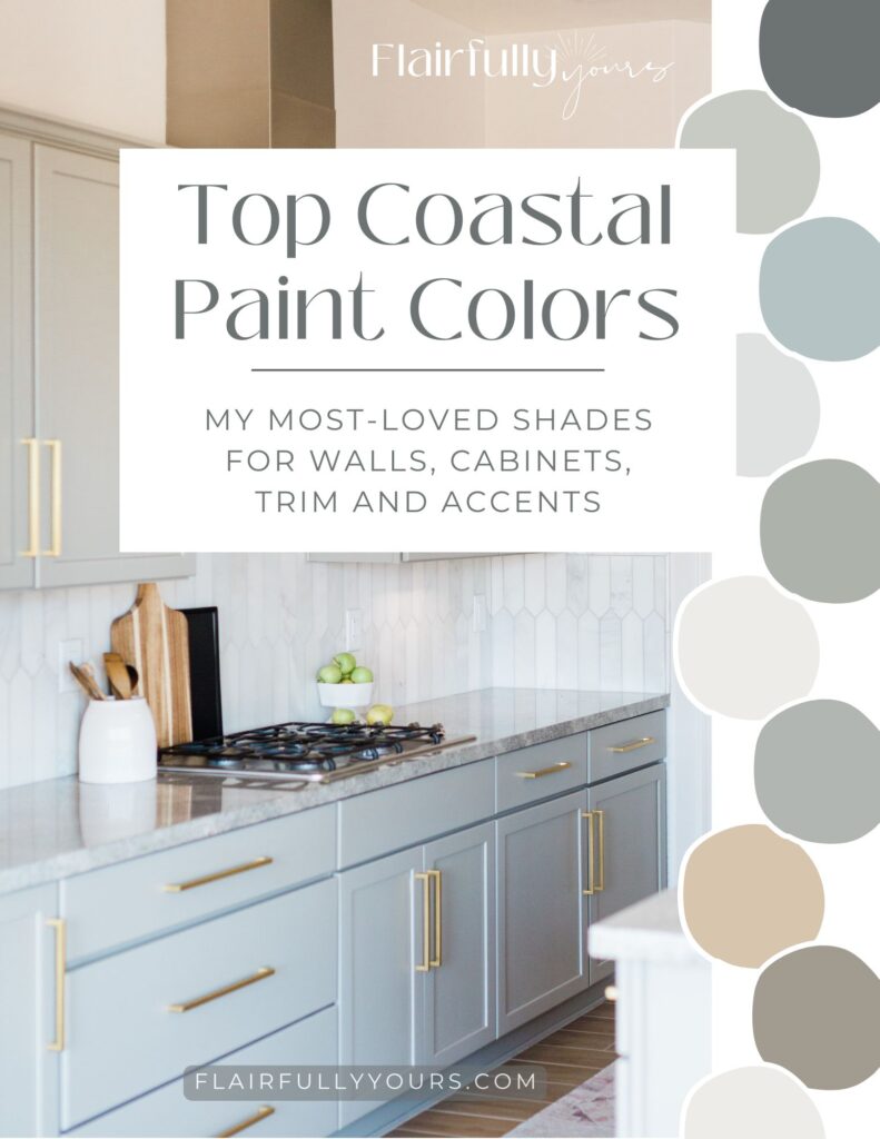 Top Coastal Paint Colors Guide featuring Sherwin Williams shades for walls, cabinets, trim, and accents — coastal kitchen with soft blue-gray cabinetry.