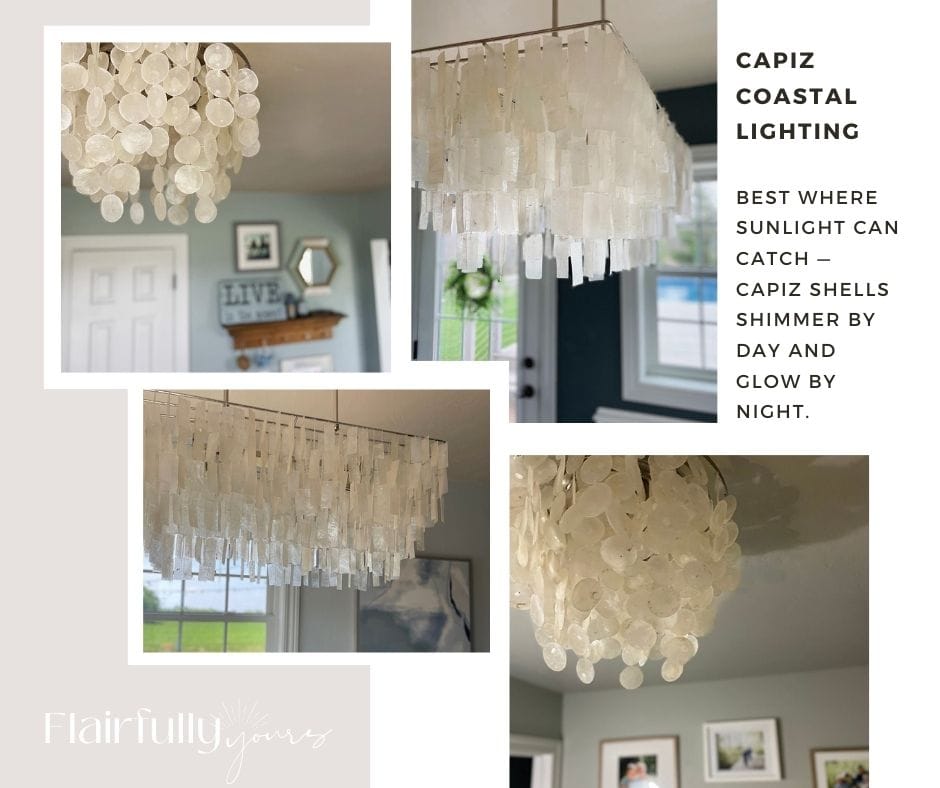 Capiz coastal lighting fixtures in a breakfast nook and hallway, showing how natural light makes the shells shimmer by day and glow softly at night.
