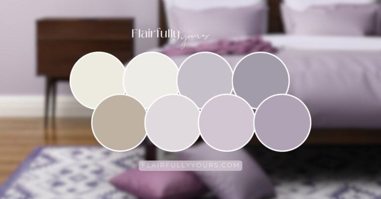 Lavender color palette with sandy beige and muted lavender tones styled in a cozy coastal bedroom setting.
