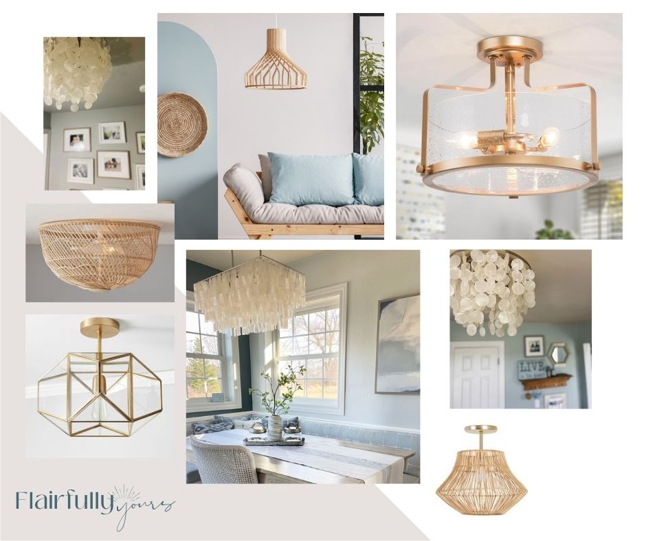 Moodboard showing capiz, woven, and glass coastal lighting fixtures for kitchens, dining areas, hallways, and bedrooms.
