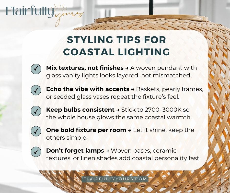 Infographic with 5 pro styling tips for coastal lighting, including mixing textures, echoing accents, consistent bulbs, one bold fixture per room, and using lamps.