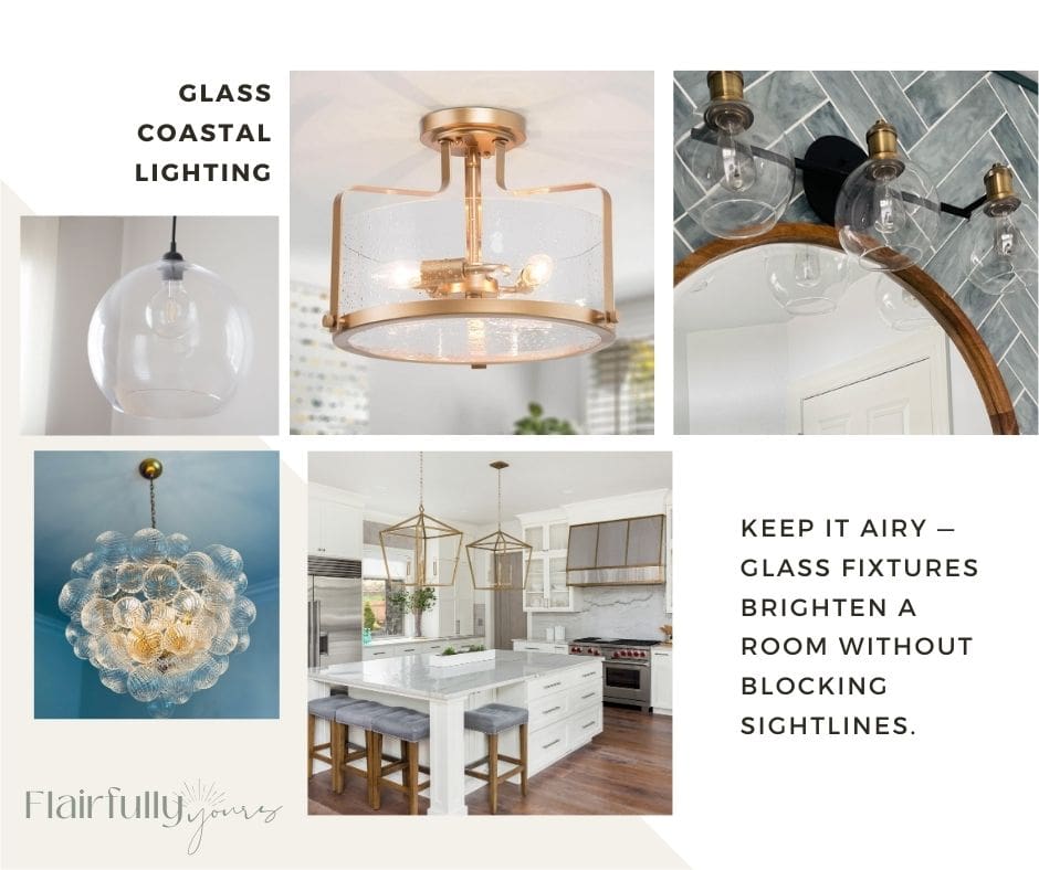 Glass coastal lighting fixtures in kitchens and bathrooms, showing pendants, sconces, and chandeliers that brighten a room without blocking sightlines.