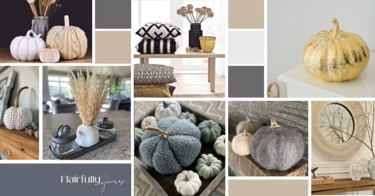 Collage of neutral fall decor ideas featuring pumpkins, cozy textures, layered vignettes, and natural accents for simple coastal-inspired fall decorating.