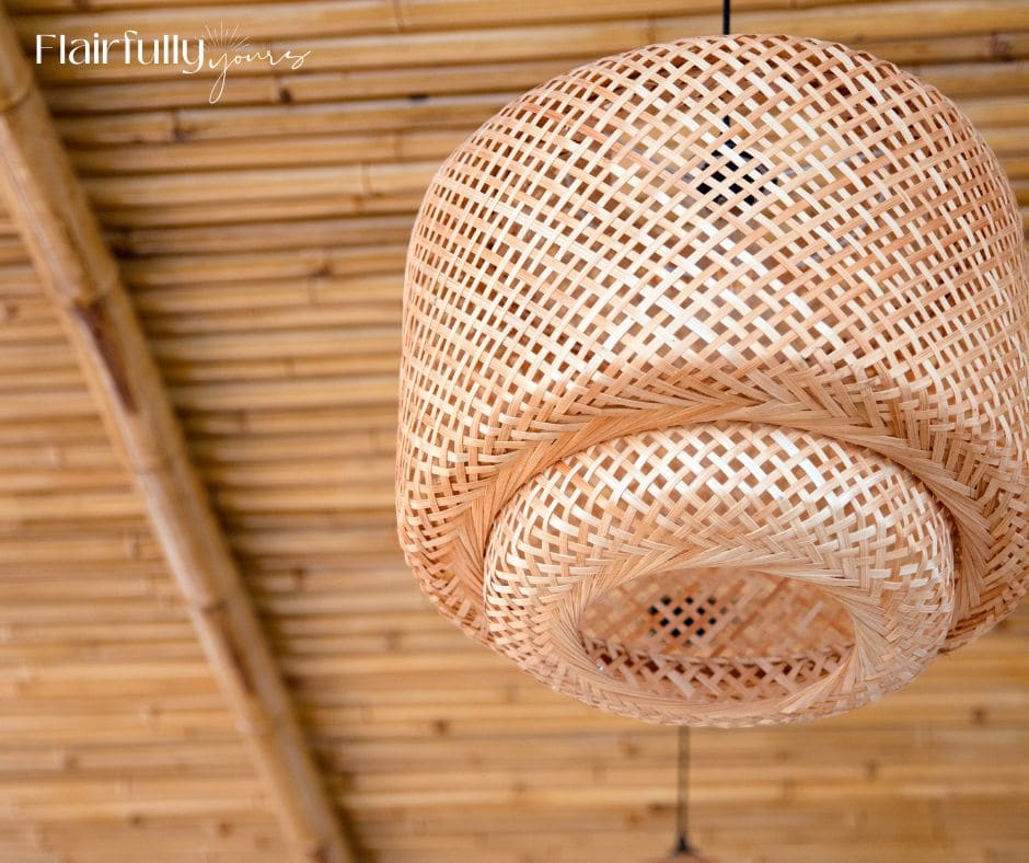 Woven coastal light fixture with natural rattan shade adding texture and warmth to a ceiling.