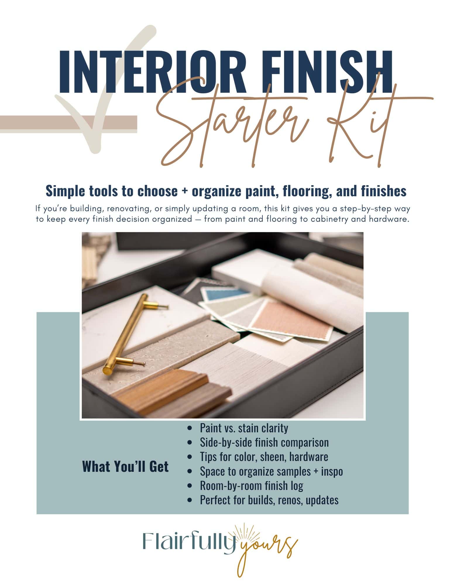 Interior Finish Starter Sheet cover—free printable to track paint, flooring, and finishes during renovation.