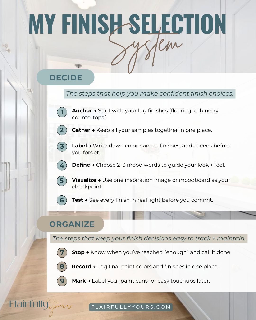 Infographic of a nine-step home renovation checklist—from anchoring big finishes to tracking paint colors.