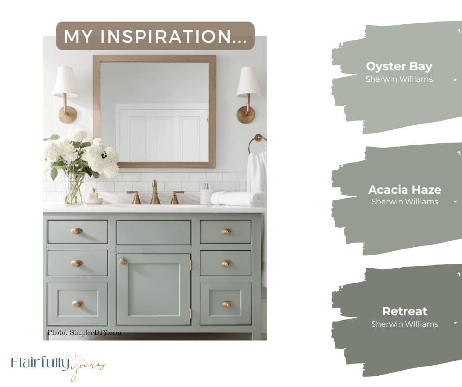 Bathroom inspiration with vanity painted Sherwin Williams Oyster Bay; swatches of Oyster Bay, Acacia Haze, and Retreat.