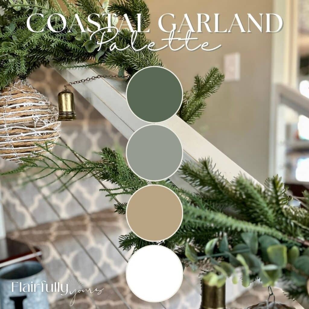 Color palette for a coastal garland featuring muted greens, soft tan, and white hues.