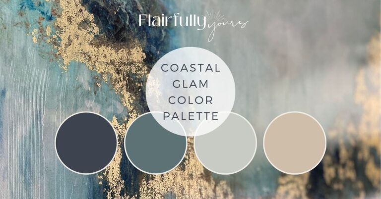 Coastal glam color palette featuring moody blues, misty grays, and sandy neutrals with hints of gold for a refined coastal home style.
