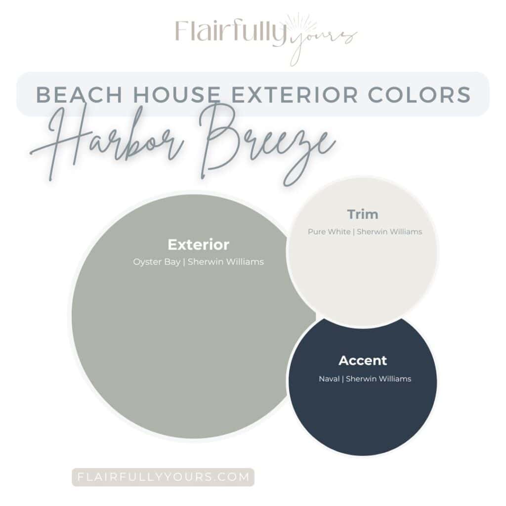 soft green beach house exterior with white trim and navy accent details showing a coastal exterior color palette similar to Sherwin Williams Oyster Bay