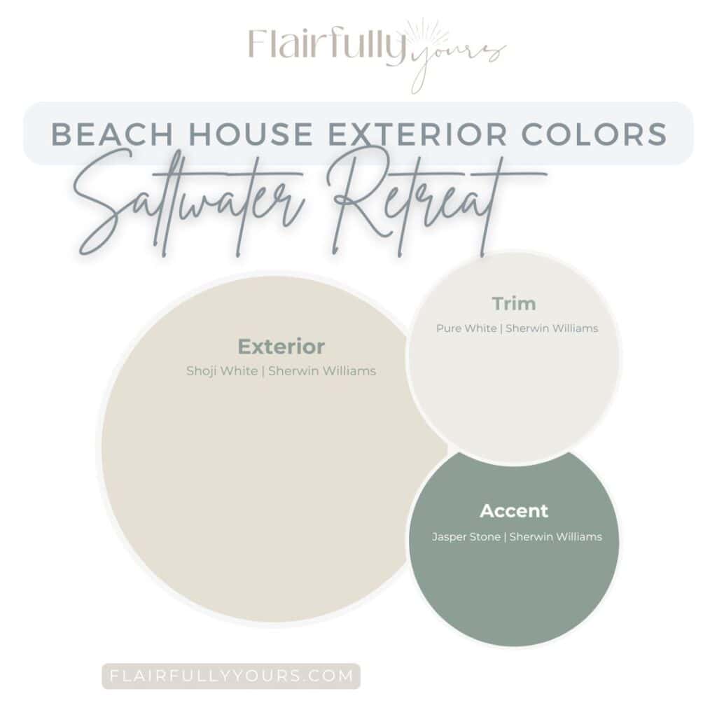 soft warm white beach house exterior with crisp white trim and muted green accents showing a coastal retreat color palette