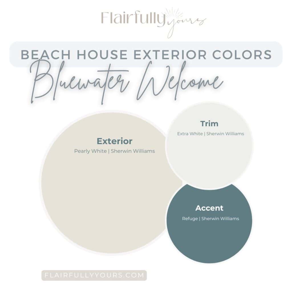 pale neutral beach house exterior with white trim and soft coastal blue accents showing a timeless coastal exterior palette