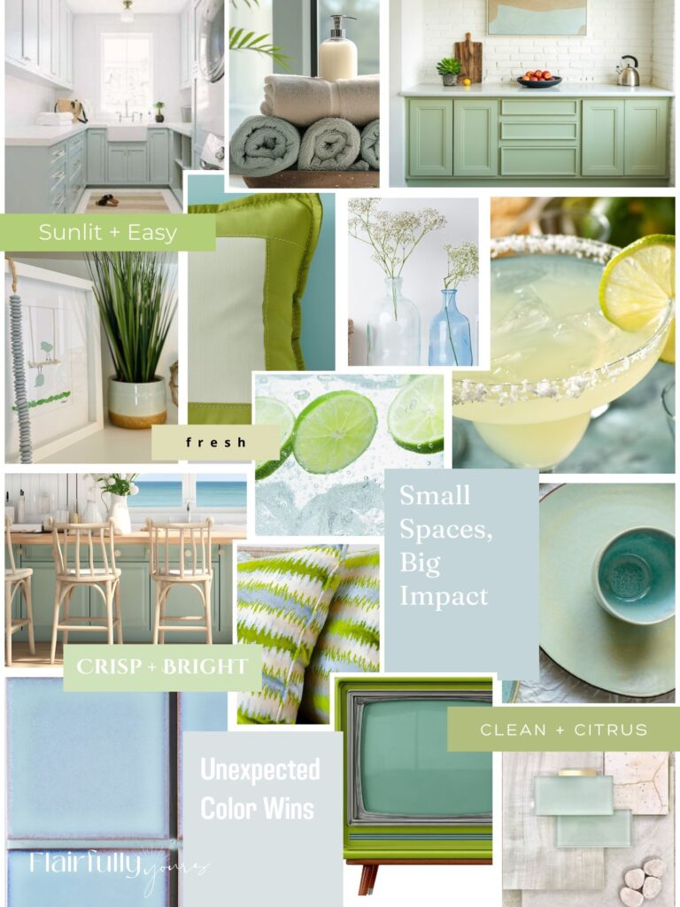 Chartreuse and light blue pop of color moodboard showing coastal decor ideas across multiple rooms