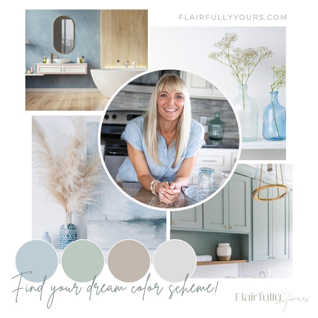Wendy from Flairfully Yours helping homeowners pick a paint color by showing how coastal palettes work together in real rooms, from cabinets to decor.