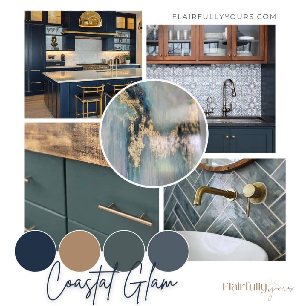 A stylish coastal glam kitchen with deep blues, rich textures, and pops of gold for a touch of elegance.