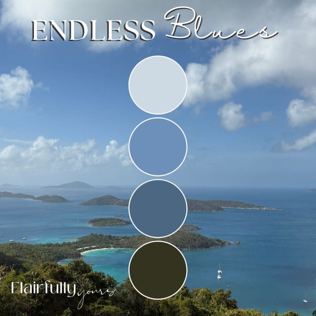 Coastal color palette featuring soft light blue, dusty denim, deep sea blue, and warm olive green inspired by St. John's sweeping views from the Windmill Bar.