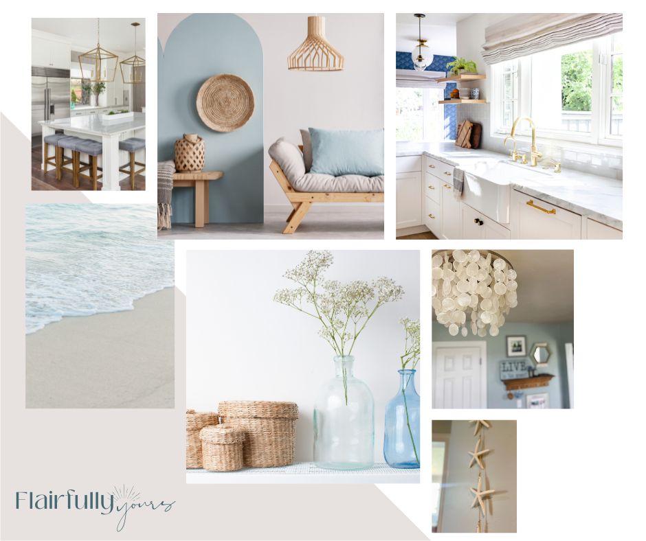 Moodboard showing bright and airy coastal design with natural textures and soft blues to create a welcoming atmosphere.