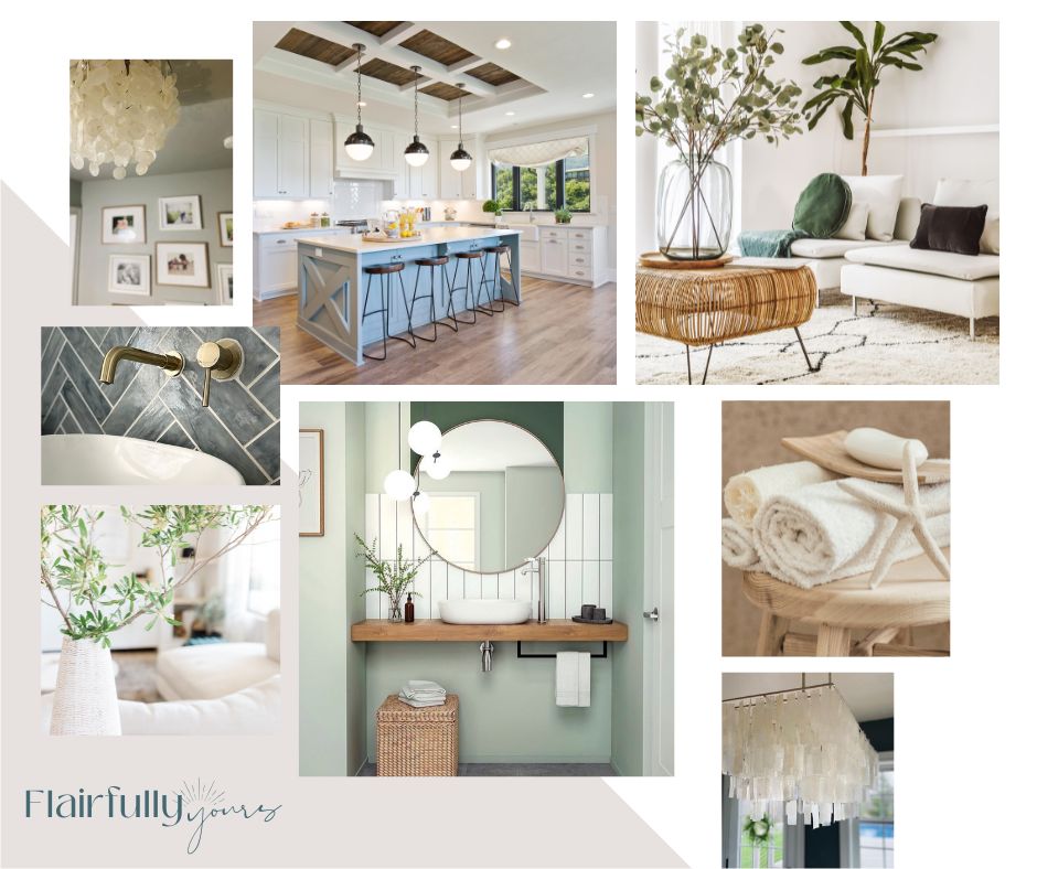 Coastal style moodboard showing coastal spaces with earthy tones and greenery, blending soft blues and natural elements to connect with nature.