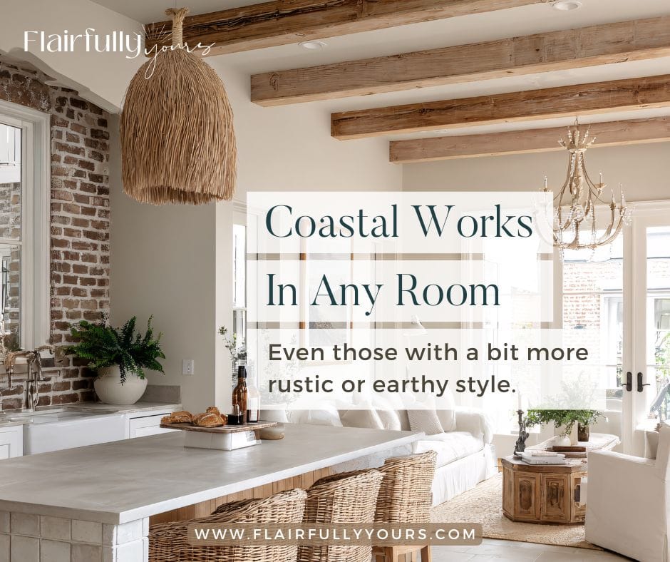 Coastal style home with rustic, earthy elements, featuring natural wood, woven textures, and soft light tones.