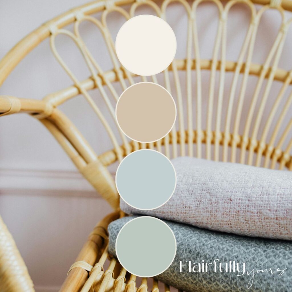 Boho coastal color palette featuring soft greens, beige, and natural neutrals, adding warmth and texture to a coastal-inspired decor.