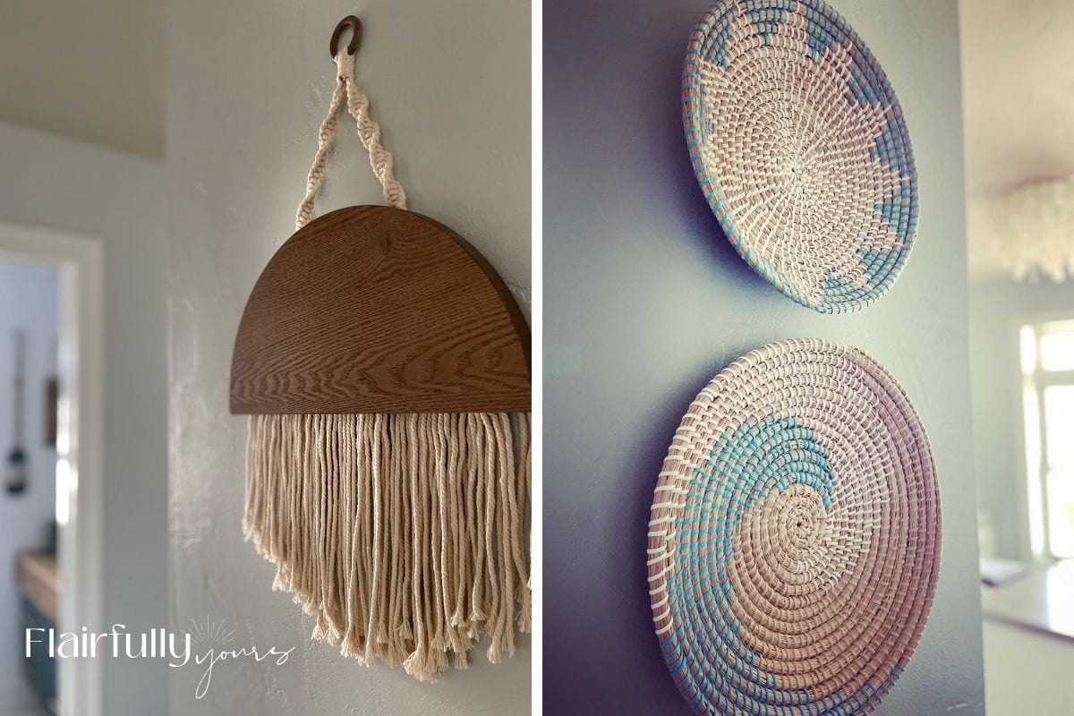 Macrame wall hanging and seagrass baskets with aqua accents, showcasing a relaxed boho coastal vibe in a hallway and office space.