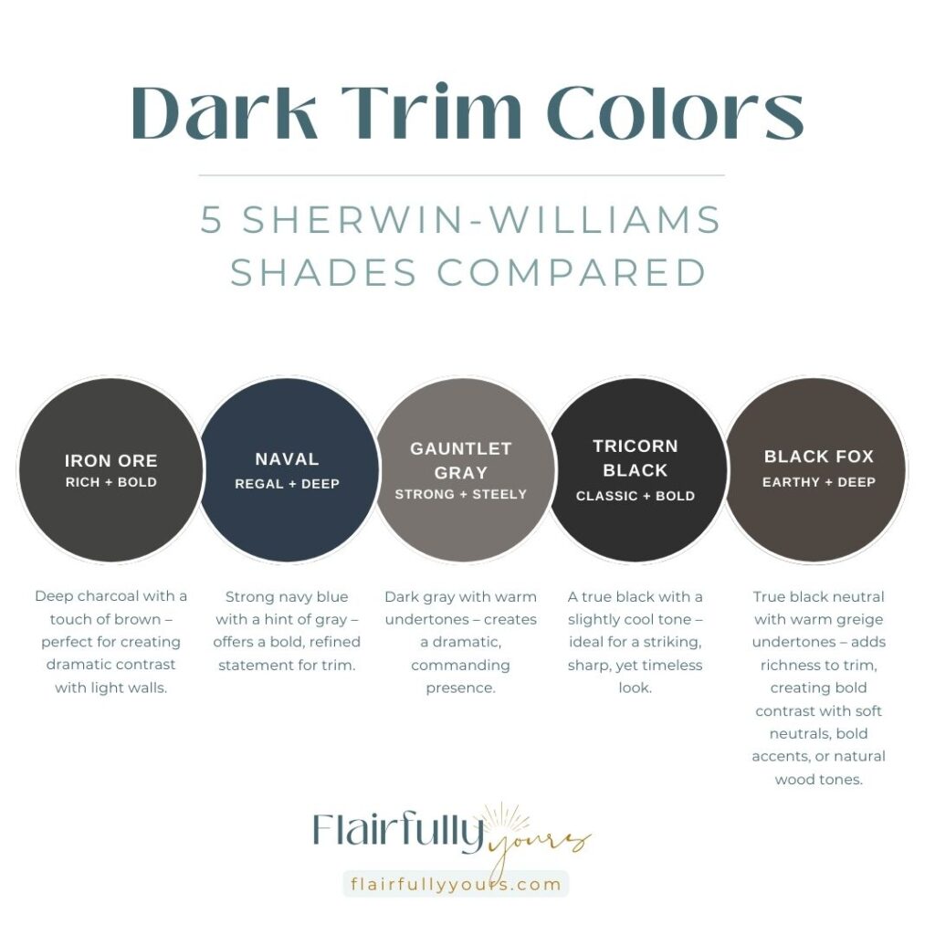 Deep dark trim shades, featuring Sherwin-Williams' Iron Ore (SW 7069), Naval (SW 6244), Gauntlet Gray (SW 7019), Tricorn Black (SW 6258), and Black Fox (SW 7020) creating bold contrast.