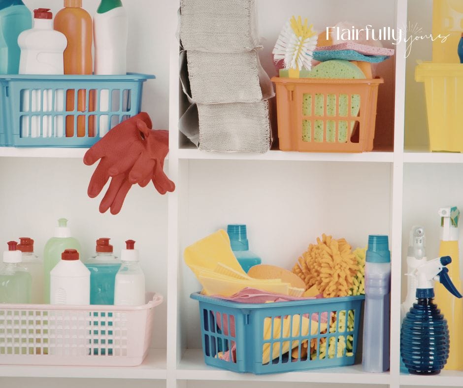 Colorful storage bins and cleaning supplies in a bright, organized laundry room with spring decor accents.