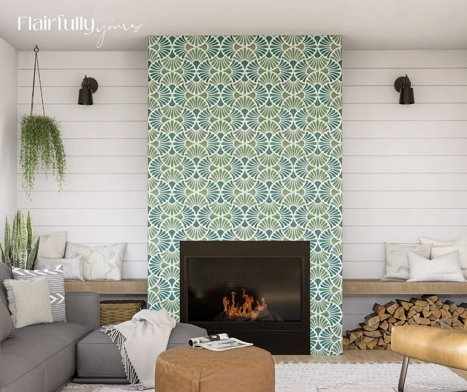 Coastal-inspired peel-and-stick wallpaper creating a vibrant accent wall around a fireplace.