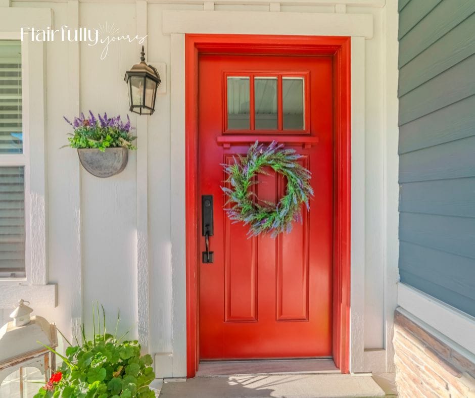 Front door with a bold coral  color and a lavender wreath, creating a cheerful, welcoming entryway for spring.