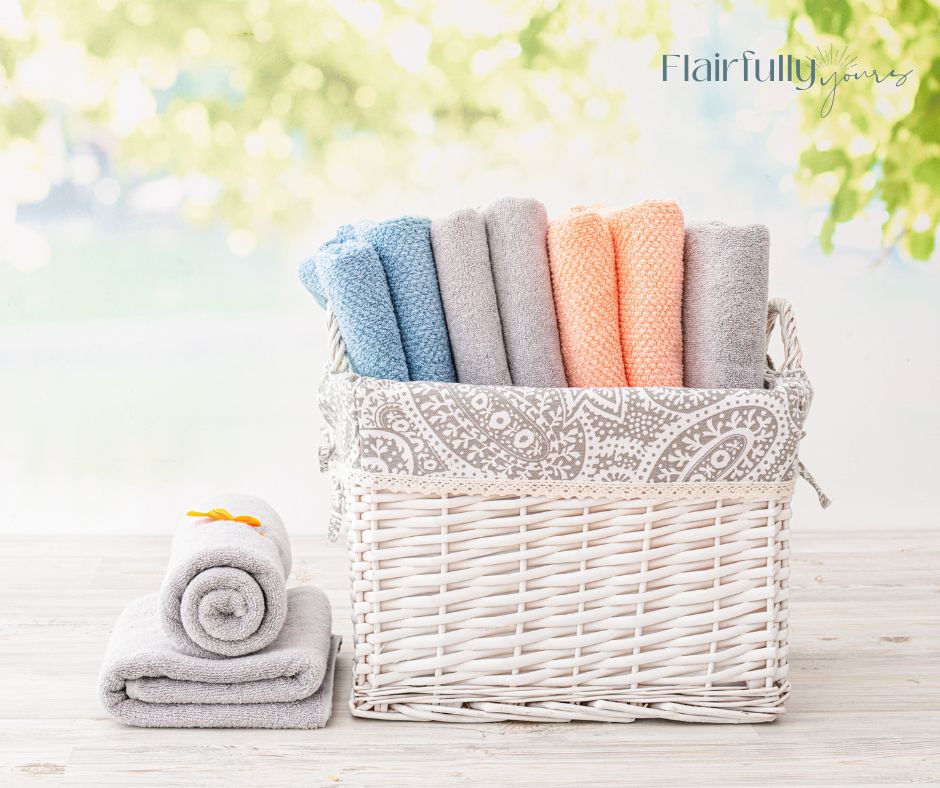 Freshly rolled pastel towels in a woven basket, adding a spring vibe to the bathroom.