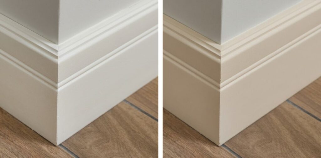 Side-by-side comparison of white trim and creamy trim, highlighting the difference between brightening and softening a space.