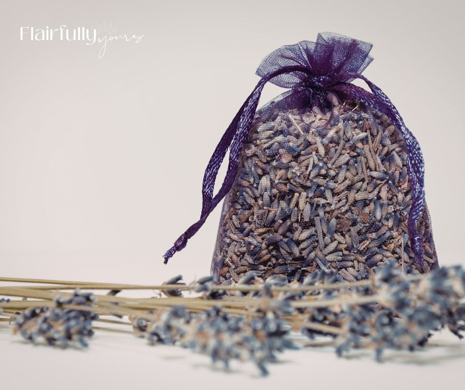 Lavender sachet tied with purple ribbon, adding a fresh spring scent to your space.