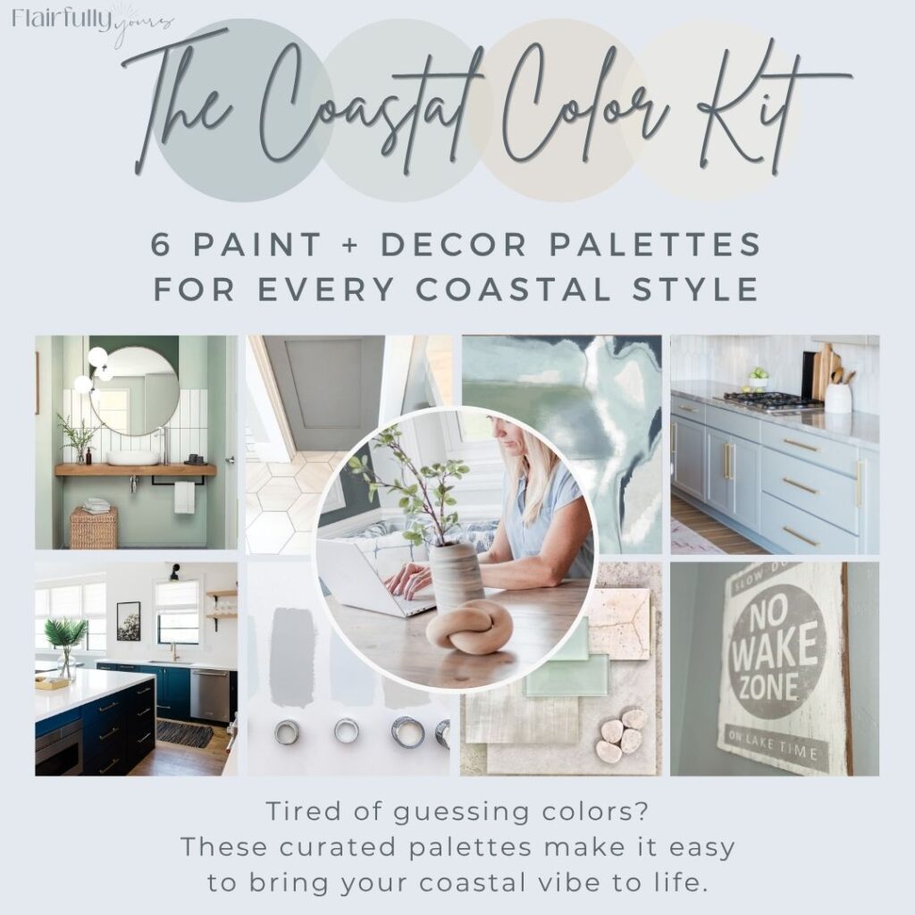 An image of the Coastal Color Kit showing a selection of curated color palettes and decor pairings.