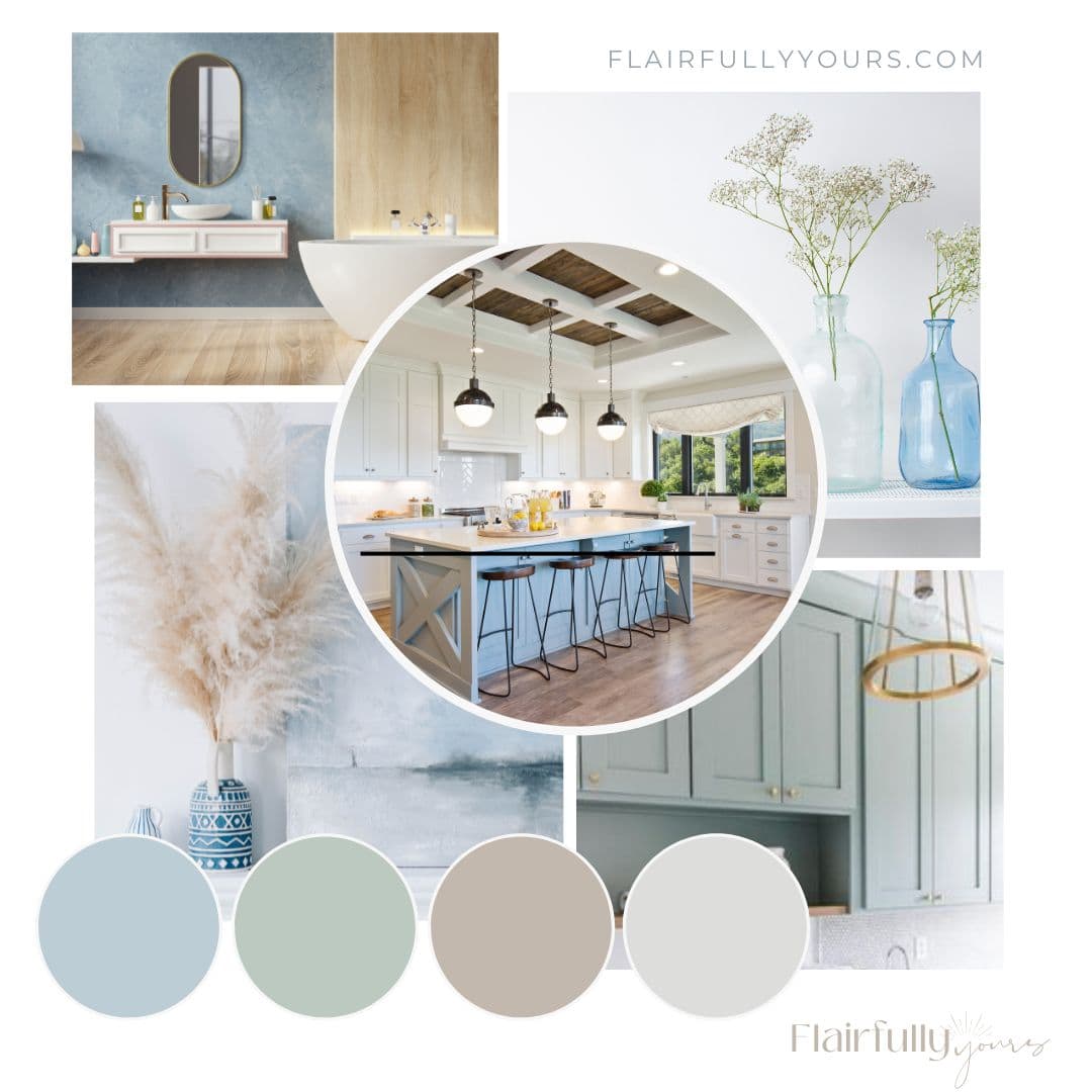 A moodboard showcasing coastal color palette options, including soft neutrals, blues, and warm tones.