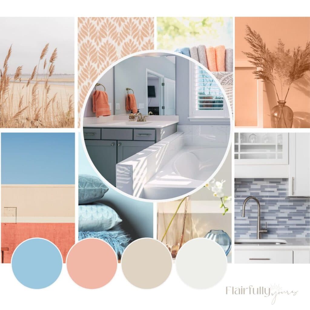 A vibrant coastal moodboard featuring shades of blue, pink, and beige, representing the light and breezy coastal aesthetic.
