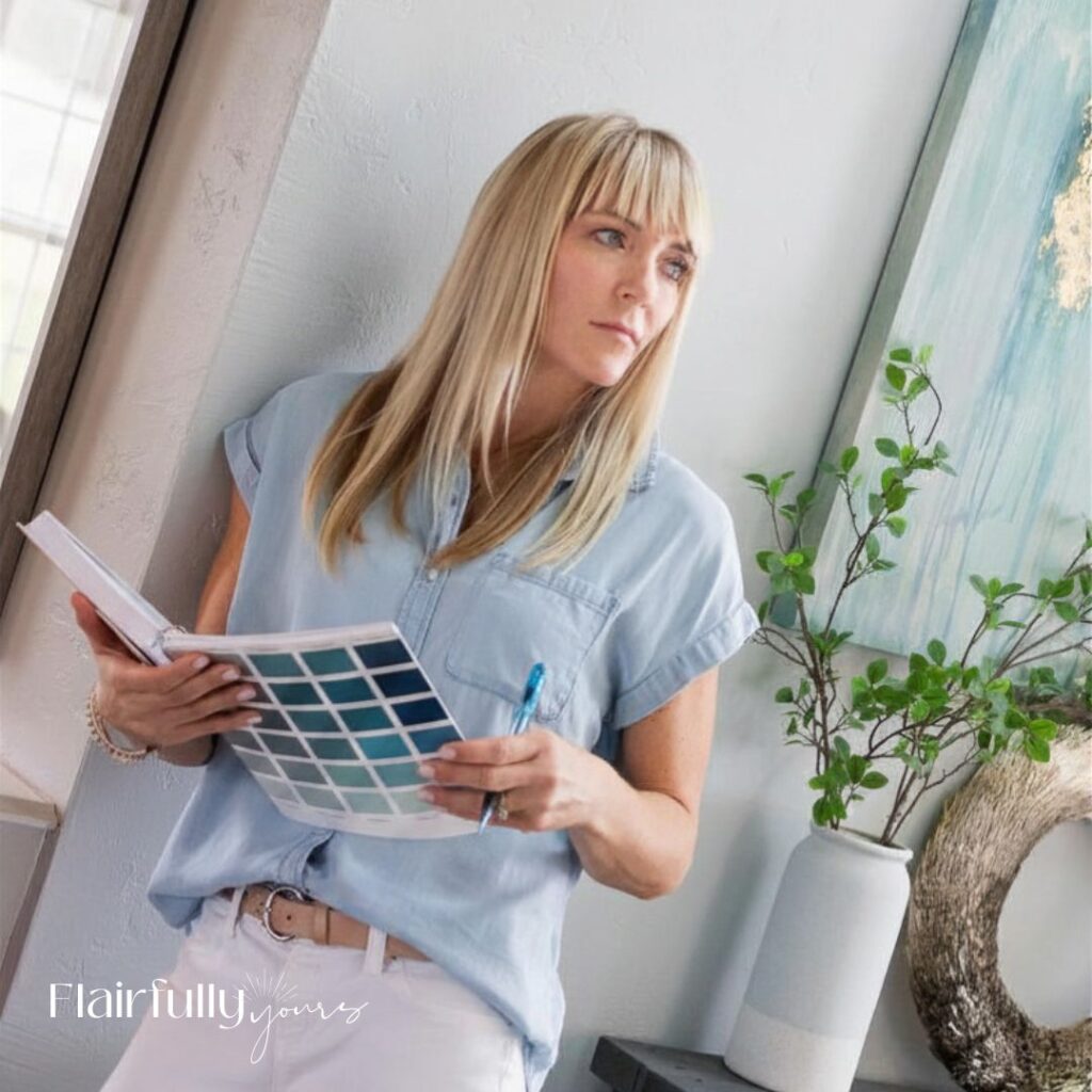 Wendy Schneider, holding a color swatch in her home, illustrating how to test colors in your own space to ensure the right choice.