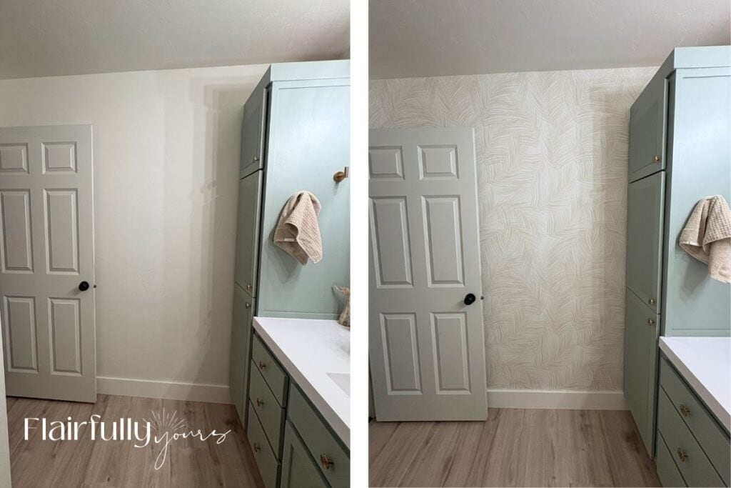 Before and after showing the bathroom transformation with Livette’s palm print wallpaper, highlighting the difference it makes on a textured wall.