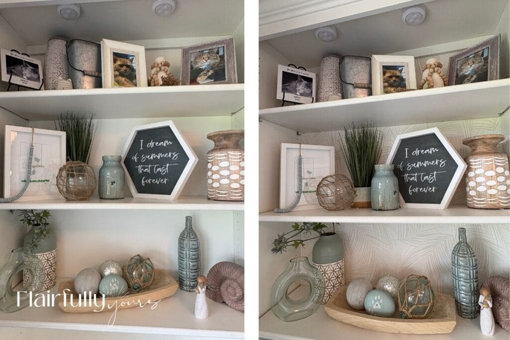 Before and after photo of office shelves with palm print wallpaper transformation