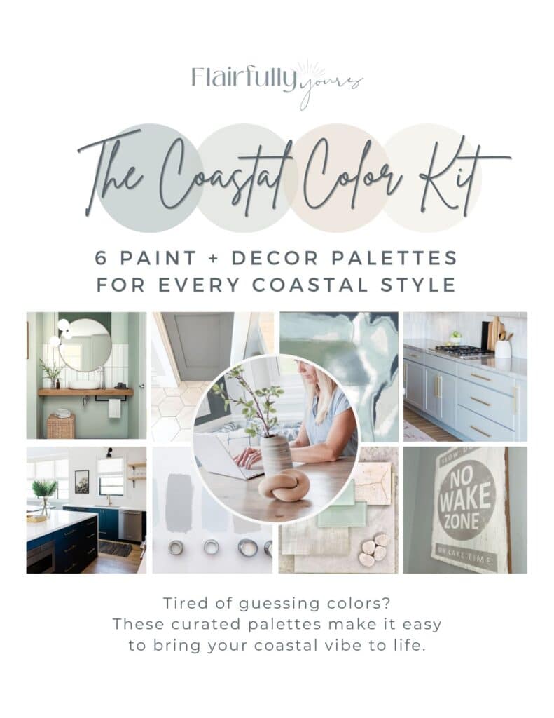 Cover of the Coastal Color Kit showcasing 6 paint palettes with coastal-inspired colors and decor elements like natural textures, blue tones, and modern finishes.