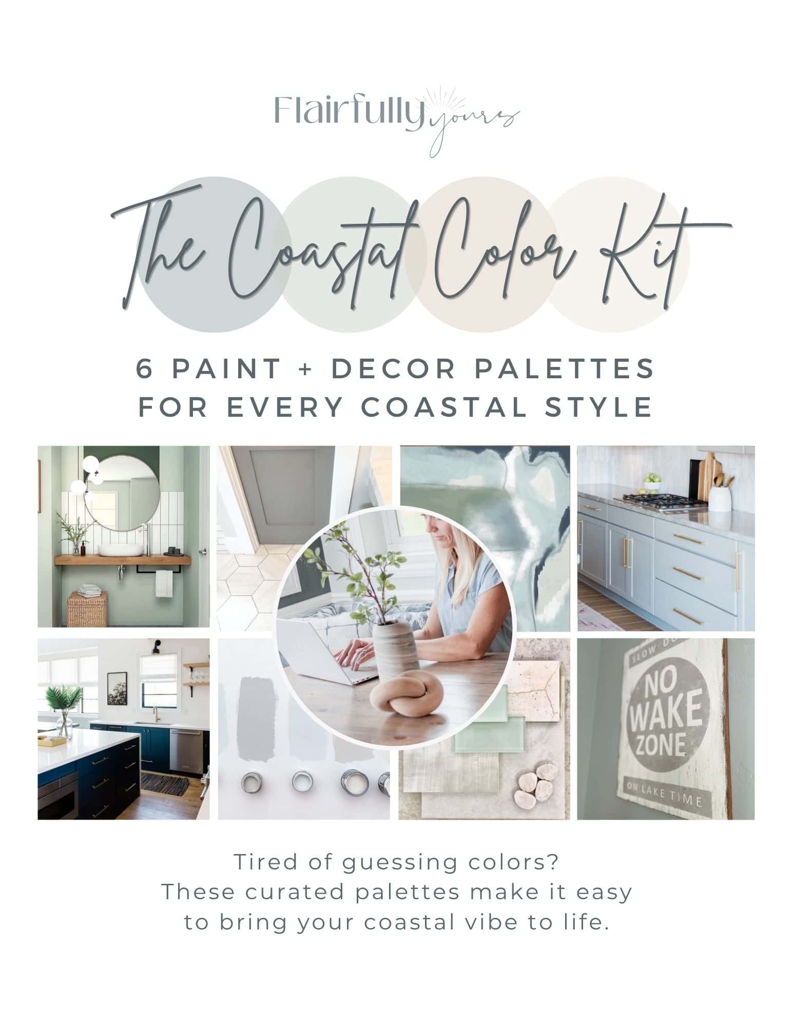 Cover of the Coastal Color Kit showcasing 6 paint palettes with coastal-inspired colors and decor elements like natural textures, blue tones, and modern finishes.