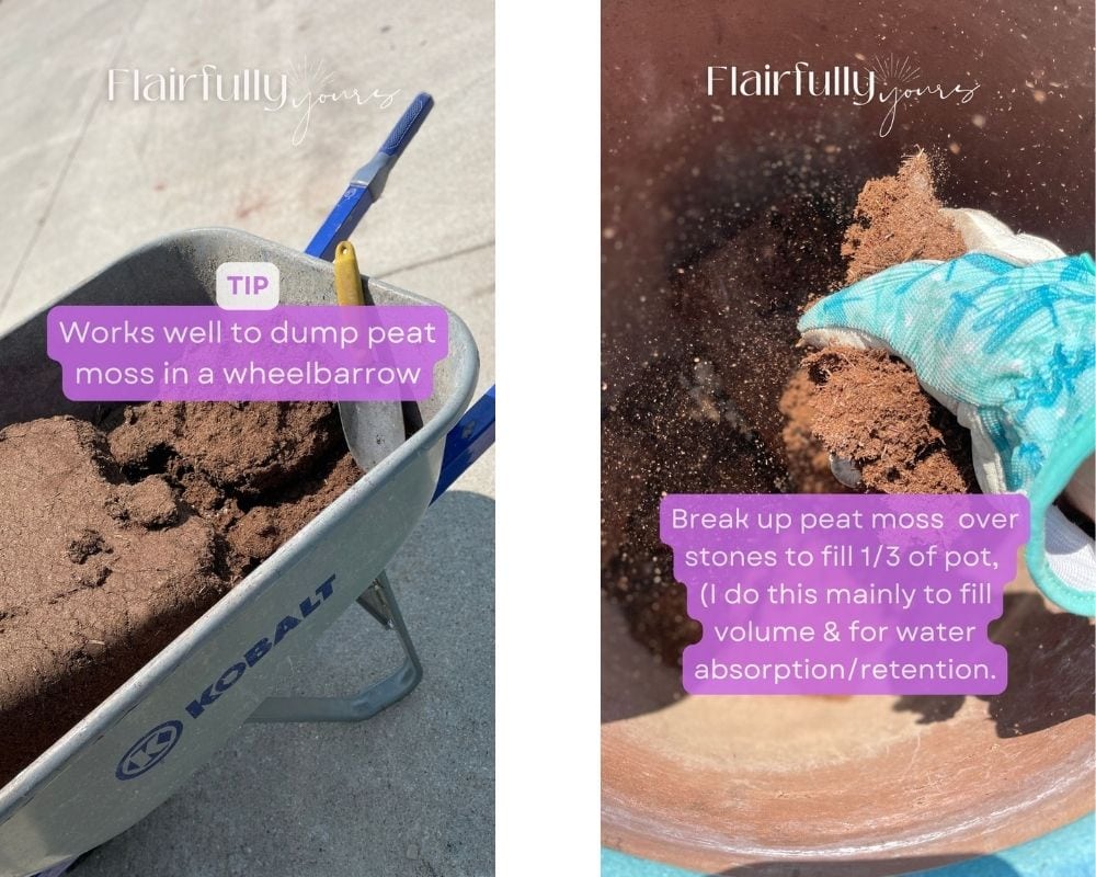 Filling outdoor planter with peat moss for drainage and water retention