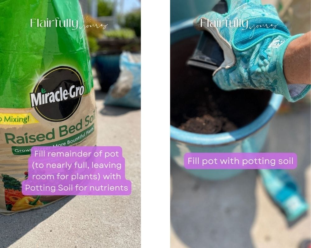 Pouring potting soil into outdoor planter for nutrients
