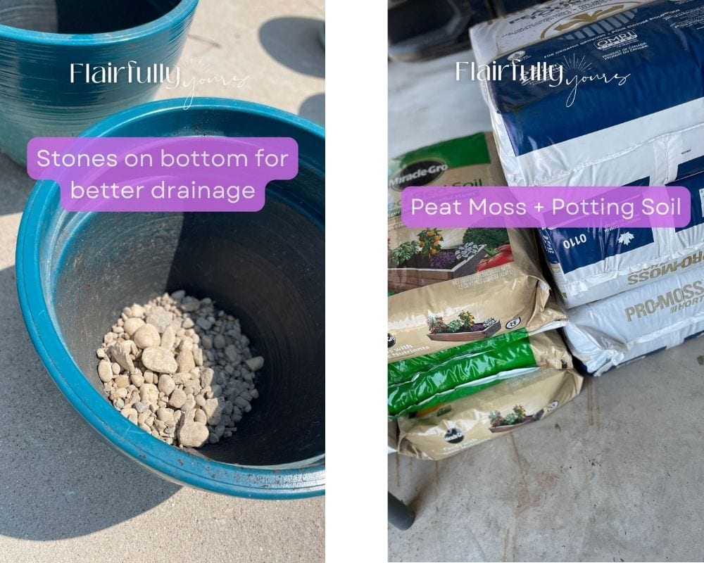 Preparing outdoor planter with stones, peat moss, and potting soil