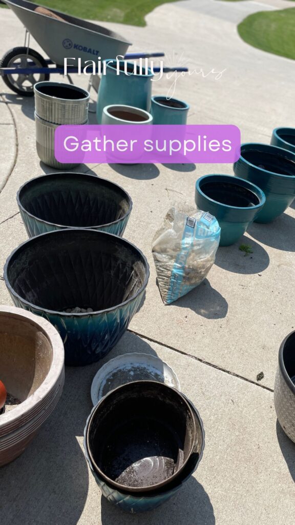 Gather outdoor flower pot supplies including pots stones soil and gloves