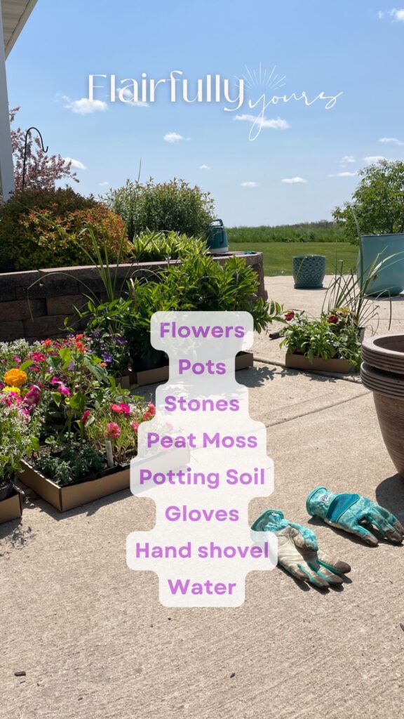 Organized outdoor planters ready with stones peat moss and potting soil