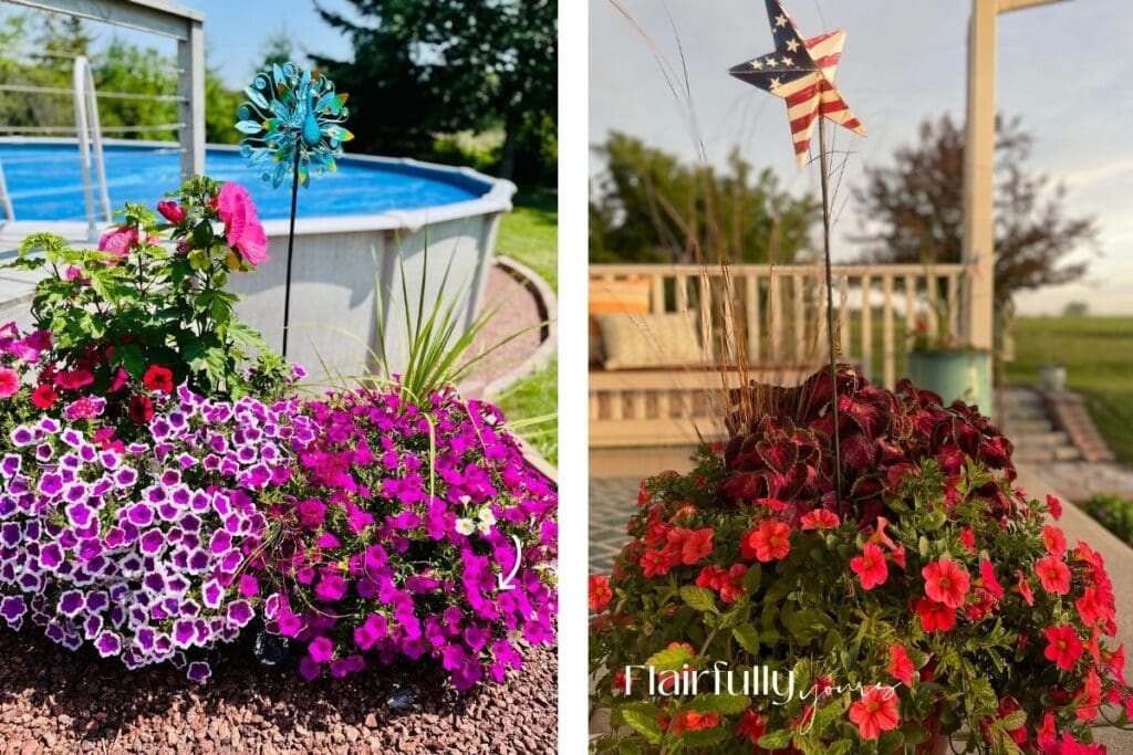 colorful outdoor flower pots with peacock spinner and patriotic flag stake accents