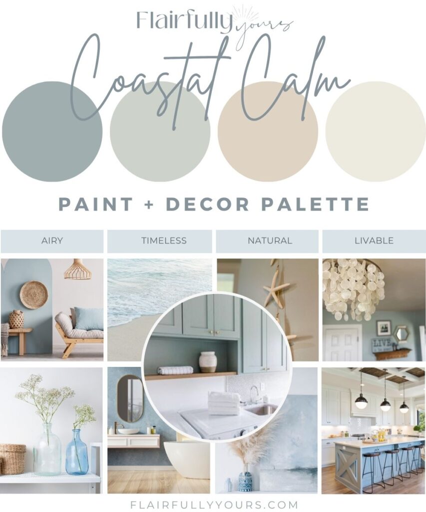 Coastal Calm paint and decor palette featuring Sea Salt SW 6204, soft coastal blues, warm neutrals, and natural textures for a calm coastal home