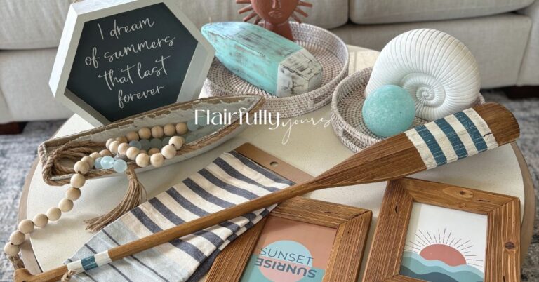 Curated lake house decor and coastal home decor collection featuring coordinated blue accents, natural wood, woven textures, and summer decorating ideas styled together.